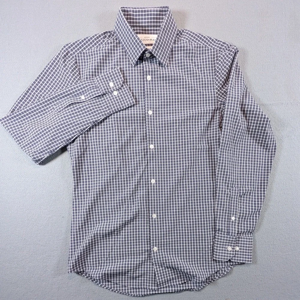 Mizzen Main Leeward Dress Shirt Mens Small Trim Fit Navy Check L-10019